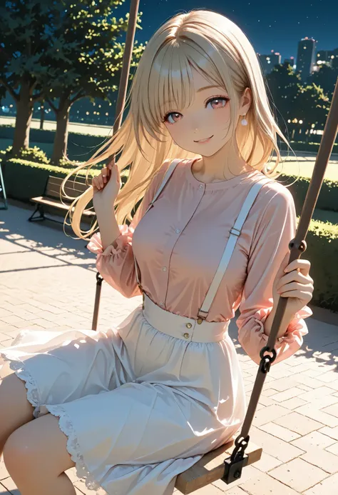 Panorama,long hair,blonde Hair, model, pink shirt, white suspenders ,white skirt,clear makeup, smile ,ride on swing,park,night