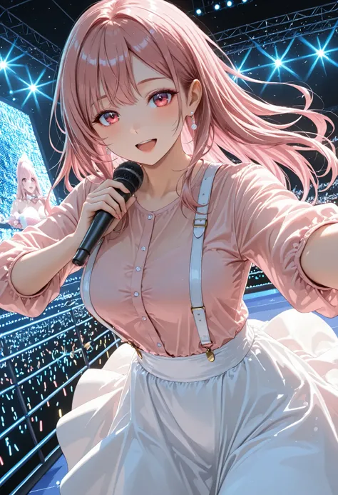 Far view,long hair,pink Hair, model, pink shirt, white suspenders ,white skirt,clear makeup, sing with a microphone,((big Live venue:1.5)), (There are other people)