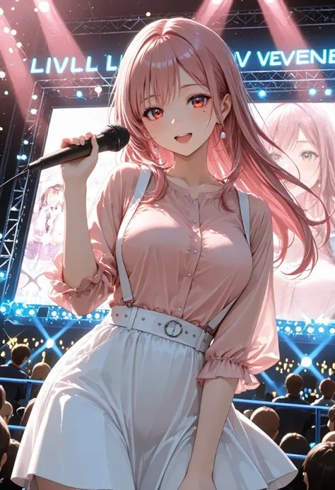 Far view,long hair,pink Hair, model, pink shirt, white suspenders ,white skirt,clear makeup, sing with a microphone,((big Live venue:1.5)), There are other people