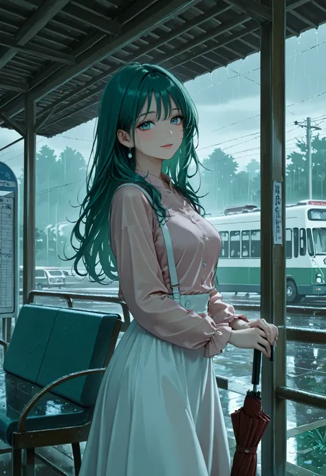 Far view,long hair,green Hair, model, pink shirt, white suspenders ,white skirt,clear makeup, bus stop, Use an umbrella,rainy,midnight, There are other people