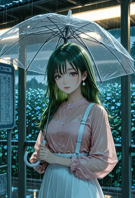 Far view,long hair,green Hair, model, pink shirt, white suspenders ,white skirt,clear makeup, bus stop, Use an umbrella,rainy,night, There are other people