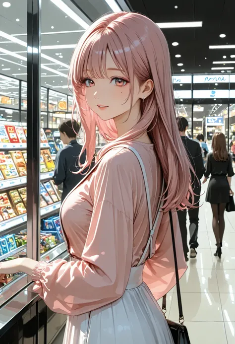 Far view,long hair,pink Hair, model, pink shirt, white suspenders ,white skirt,clear makeup, (shopping mall), have bag, There are other people