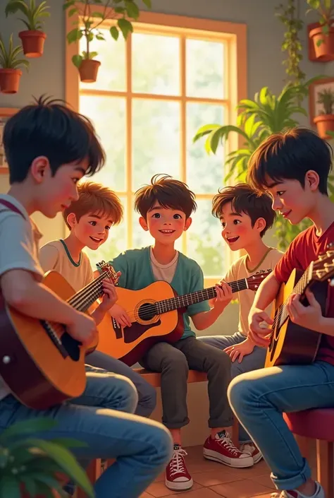 artistic youth style, scene of boys playing guitar, cafe or music room environment, Warm light, detailed close-up of musical instruments, fresh artistic atmosphere,Natural casual pose