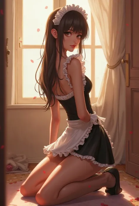 Cute maid outfit,Translucent stockings,Foot details,Low-angle composition,A shy look,Slim fit shorts,Pouting Gesture,Floor-to-ceiling Window Light,Boudoir Set,Cosy atmosphere