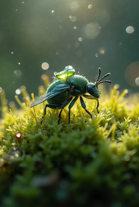 Close up view of damp moss,ball meat pad presses starlight dents,dew refraction miniature concert:cricket player pulls moonlight strings,beetle drummer hits mushroom cymbal,firefly spotlight sweeps through transparent stage。