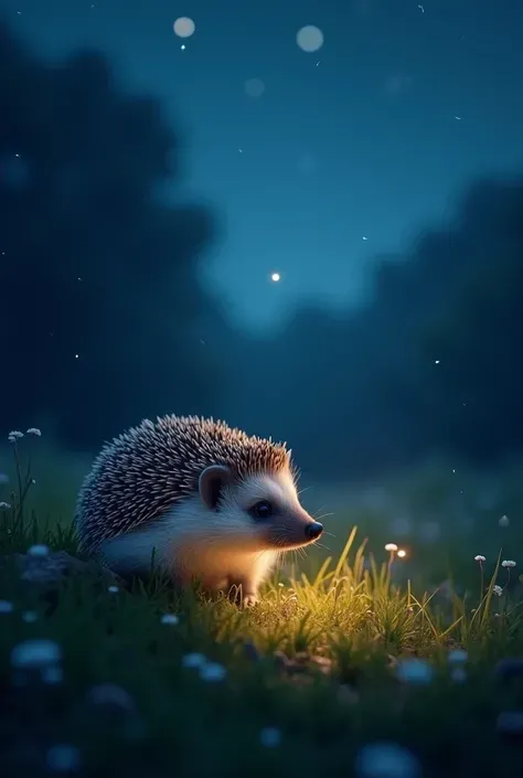 A whimsical scene in the depths, The stars shine， blue background. with faintly visible, ，with a soft, twinkle. illuminates this bright light of the hedgehog The warm aura that forms around, casts soft shadows on the grass，highlight the delicate features o...
