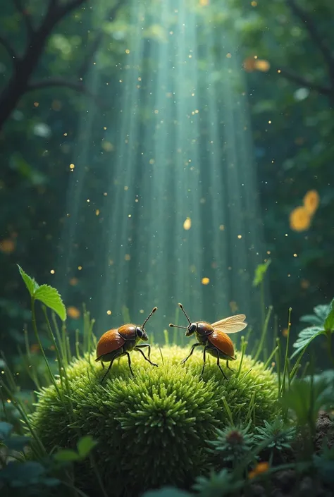 Ghibli wind overhead camera,Close up view of damp moss,ball meat pad presses starlight dents,dew refraction miniature concert:cricket player pulls moonlight strings,beetle drummer hits mushroom cymbal,firefly spotlight sweeps through transparent stage。