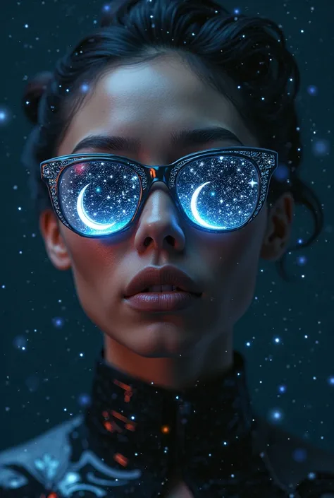 The model is wearing glass sunglasses,with stars and moon on the lenses