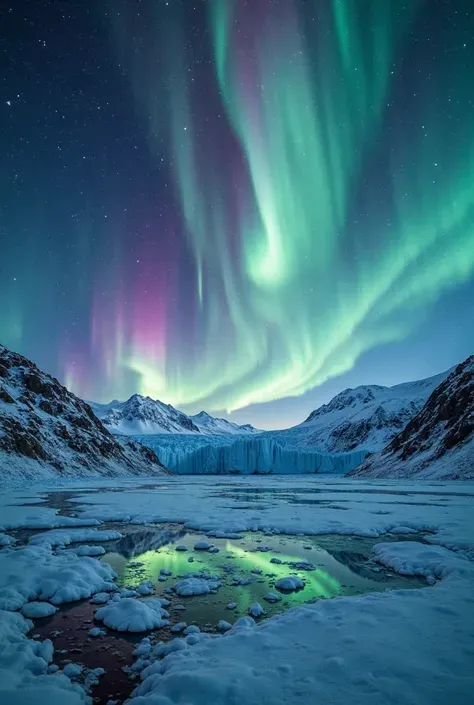 colorful auroras night sky，Arctic tundra，auroras dancing under bright starry skies，Glacier reflection，stunning，professional astrophotography，Clear details
