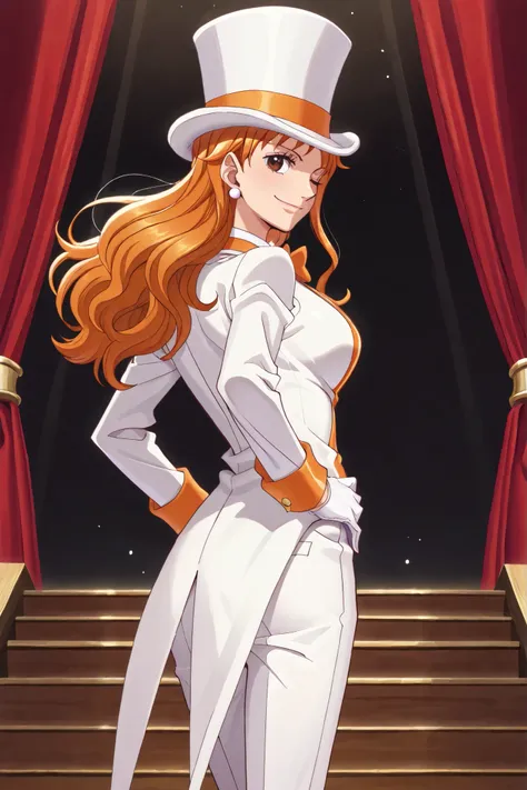  (masterpiece, vibrant colors), solo, 1girl, nami, one piece, long orange hair, earrings, brown eyes, sleek legs, breasts, (white silk top hat, orange band, snug fit), white tailcoat, orange pinstripe vest under tailcoat, orange bowtie, white dress pants, ...