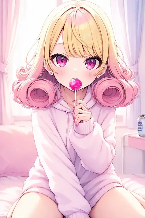 blonde girl with pink hair eating a lollipop in a bedroom,  girl, with pink hair, pink girl, cute girl with short pink hair, lollipop, cotton , long flowing pink hair, flowing pink hair, bubblegum hair,  pastel, wearing a pastel pink hoodie, pink pastel, anime girl in real life, curly pink hair, light pink hair, A young woman with long, wavy pastel pink hair is dressed in a cozy white hoodie featuring a bold pink graphic design. She is seated indoors, partially visible against a softly blurred background that includes a light-colored wall and framed artwork. Her nails painted in a soft pink shade matching her hair. The lighting in the room is natural, likely from a nearby window, creating a soft and serene atmosphere in the image. The overall mood is playful and relaxed, combining pastel aesthetics with a sense of casual comfort. A pair of small, stud earrings can be seen peeking from behind her ear, adding a subtle touch of elegance to her appearance.