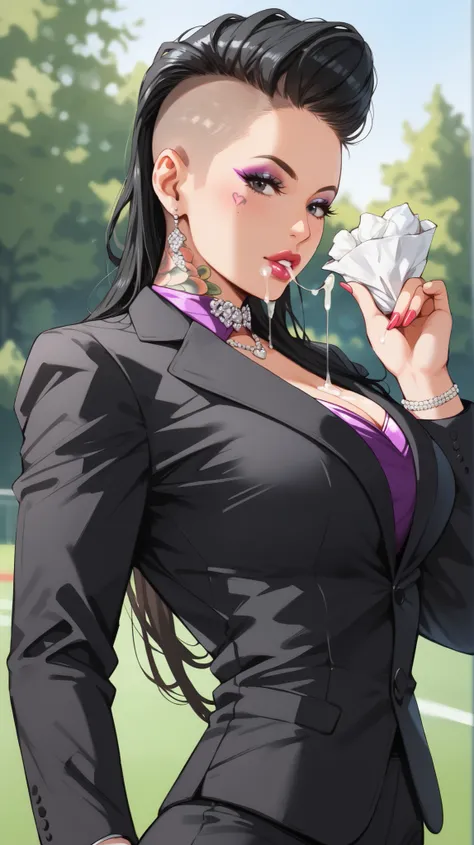 1 girl, solo, elegant woman, open eyes, (((close up, portrait))), golf field, (((outdoor))), (((elegant suit, black suit, suit jacket, suit))), elegant, lipstick, makeup, big breasts, fit body, toned body,  Shiny hair, madam, classy, cleaning her mouth wit...
