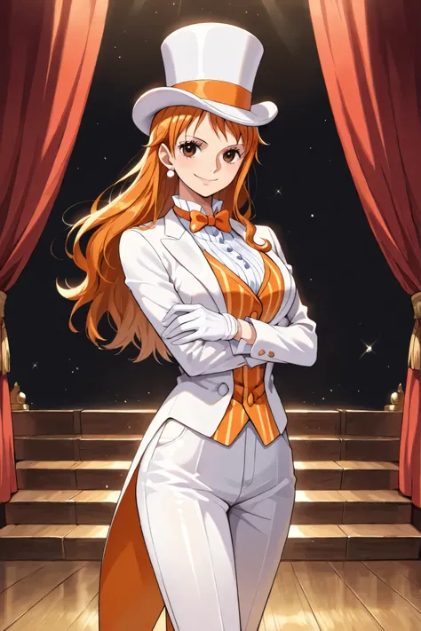  (masterpiece, vibrant colors), solo, 1girl, nami, one piece, long orange hair, earrings, brown eyes, sleek legs, breasts, (white silk top hat, orange band, snug fit), white tailcoat, orange pinstripe vest under tailcoat, orange bowtie, white dress pants, ...