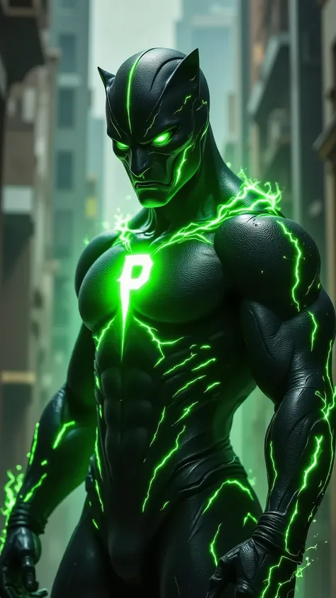 a men's super panther suit that lets out flashes of green rays without a mask and on the chest the letter p green