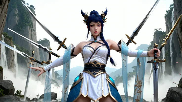 amazing quality, girl standing in attack position with swords around, Vietnamese, IreliaDivineSPXL, The face of Juri Khan, blue eyes, blue hair, long hair, ponytail, twin braid, bangs, hair ornament, big breasts, bare shoulders, cleavage, white dress, deta...
