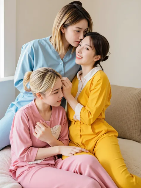 women kissing, passionate kiss, detailed skin, multipeoplelora, Three distinct Japanese women at a cozy pajama party, each with unique appearances:
- Woman 1: short black hair, sharp almond eyes, light blue soft cotton pajamas, confident smile, standing wi...