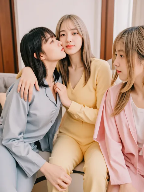 women kissing, passionate kiss, detailed skin, multipeoplelora, Three distinct Japanese women at a cozy pajama party, each with unique appearances:
- Woman 1: short black hair, sharp almond eyes, light blue soft cotton pajamas, confident smile, standing wi...