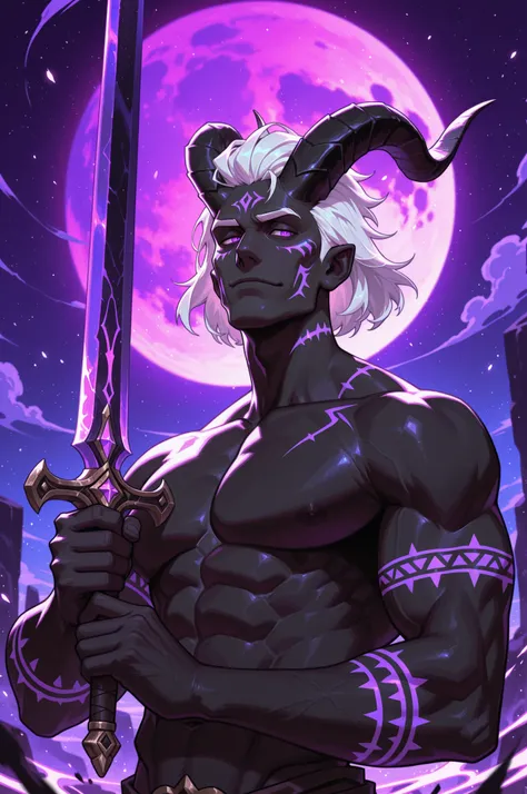 1boy,solo,flora_humanoid, male, black skin, short hair, neatly combed hair, white hair, purple eyes, tribal markings on his cheeks, luminescence,Large pectoral muscles,A huge purple moon,（The crooked horns of the devil-goat:1.5), Holding a sword in one's h...