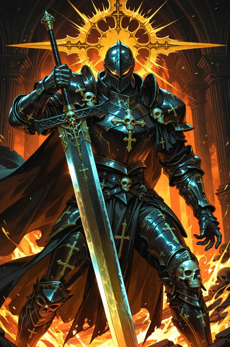 1boy, solo, knight, male_focus, dark fantasy, gothic theme,
heavily armored, intricate armor design, dark gray and black armor, gold accents, adorned with skulls and crosses, helmet with visor, shoulder armor, gauntlets, pauldrons, breastplate, cape,
holdi...