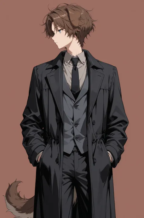 (masterpiece, detailed:1.2), 1girl, animal ears, animal tail, bishounen, black coat, black necktie, black pants, blue eyes, coat, collared shirt, curtained hair, dog ears, dog girl, dog tail, floppy ears, formal clothes, grey shirt, hands in pockets, jitom...