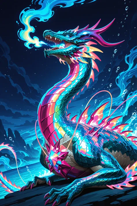intricate underwater world with intricate detail, solo, 1dragon, blue slit eyes, (dragon scales iridescent:1.3), (magical prismatic dragons breath:1.4), airbrush multilayered art, beautiful, high contrast, 16k, very intricate detailed painting, detail to d...