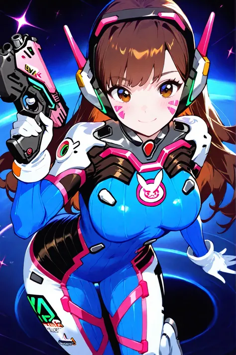 ,masterpiece,best quality,ultra-detailed,8K,High detailed, HanaSong,1girl,solo,gun,weapon,d.va, sexy, cute, [abs], skimpy,(gloves,long hair,facial mark,bodysuit,pilot suit,brown hair,white gloves,headphones,brown eyes, face paint ,bangs,whisker markings,sk...