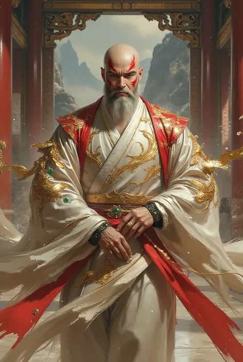 A breathtaking, ultra-detailed cinematic portrait of a bald middle-aged man, exuding wisdom and power. He has bold, expressive eyebrows, large, piercing round eyes, and a meticulously groomed full beard. His face is adorned with striking, flame-shaped war ...