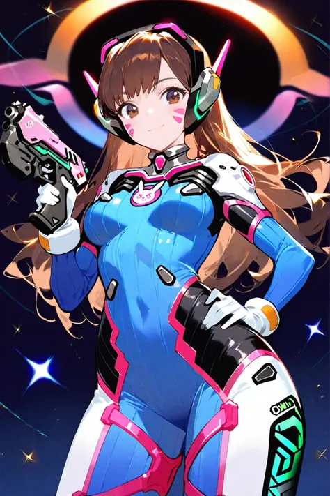 ,masterpiece,best quality,ultra-detailed,8K,High detailed, HanaSong,1girl,solo,gun,weapon,d.va, sexy, cute, [abs], skimpy,(gloves,long hair,facial mark,bodysuit,pilot suit,brown hair,white gloves,headphones,brown eyes, face paint ,bangs,whisker markings,sk...