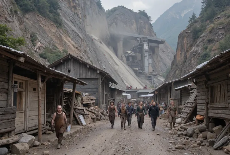 A street scene in the lower quarter of the mountain city Graniton, near the massive quarry. The atmosphere is gritty and impoverished. The buildings are a mix of weathered human timber shacks and crude stone dwellings built against the quarry wall. The unp...