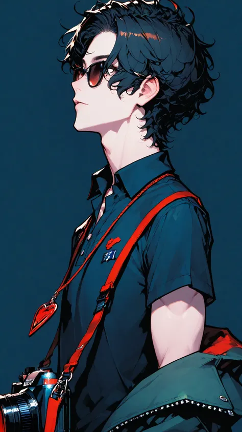 dynamic angle,commix style,dark background,neo_pop_style, pale young man, casual clothes, solid background, magazine photo, teen, shades, fashionable clothes, slim build, side profile, dull and cool expression, medium length flowing raven black hair, front...