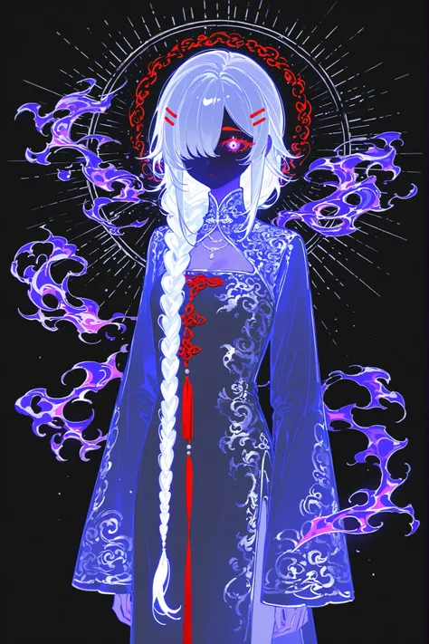 The girl with the copper skin. She has purple glowing eyes and dark purple eye shadow. She has a red eyebrows and red eyelashes. She has fiery scarlet red longest hair braided in a loose braid that floats in the air. her red hair over eyes hiding half of h...