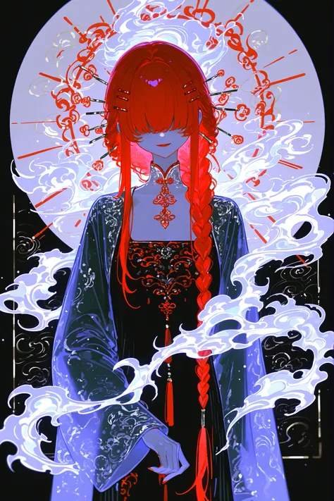 The girl with the copper skin. She has purple glowing eyes and dark purple eye shadow. She has a red eyebrows and red eyelashes. She has fiery scarlet red longest hair braided in a loose braid that floats in the air. her red hair over eyes hiding half of h...