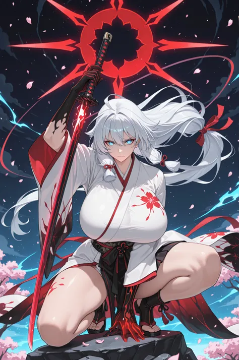 (masterpiece, best quality, newest, absurdres, hires, ultra detail, HD), A female warrior with gigantic breasts, long, white hair tied into a high twin-tail with ribbon accessories and floral ornaments. She has bright, clear blue eyes that glow with intens...