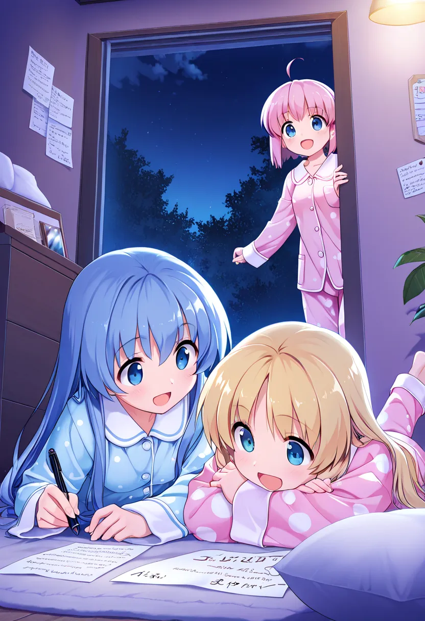 masterpiece, best quality, ultra detailed, 3 girls , blonde hair , blue hair , pink hair, wearing pajamas , in a pajama party,inside House Bedroom, night, happy, pillow on the ground, in the room, dessert, note, pen,