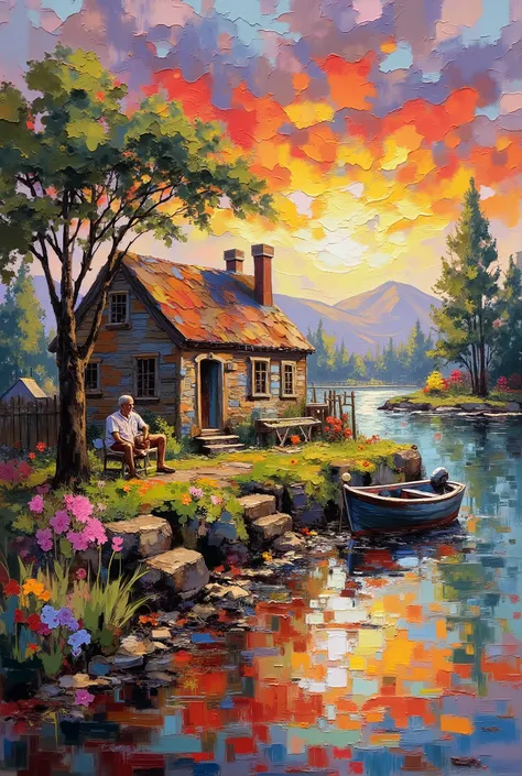 oil painting, wide multicolored brushstrokes, There is an old cottage by the river, a fishing boat near the cabin, Flowers bloom next to the cabin, An old man smokes Sitting in front of the cabin, ((melhor qualidade)), ultra-detalhado，beautiful sunset red ...