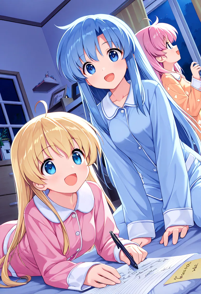 masterpiece, best quality, ultra detailed, 3 girls , blonde hair , blue hair , pink hair, wearing pajamas , in a pajama party,inside House Bedroom, night, happy, pillow on the ground, in the room, dessert, note, pen,