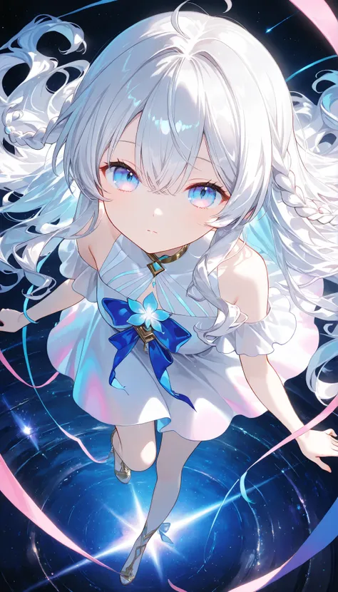 1 girl, white hair,Wavy Hair，long hair,carefully crafted hair braids，blue pink eyes，iridescent eyes，Game CG,,(Masterpiece), (best quality), (ultra-fine),  super delicate skin,, Very Aesthetic, 4K,  8,000，shady environment，A sense of haze，painting texture，R...