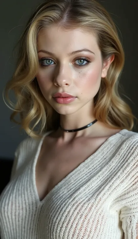 sideboob,detailed eyes,rs,(masterpiece, detailed), styled by Thomas Shotter Boys, a lovely woman, she is from the mid 21st century in Croatia, her hair is blonde, her hair is in a wolf cut, she has side bangs, her hair is parted on one side, her eyes are d...