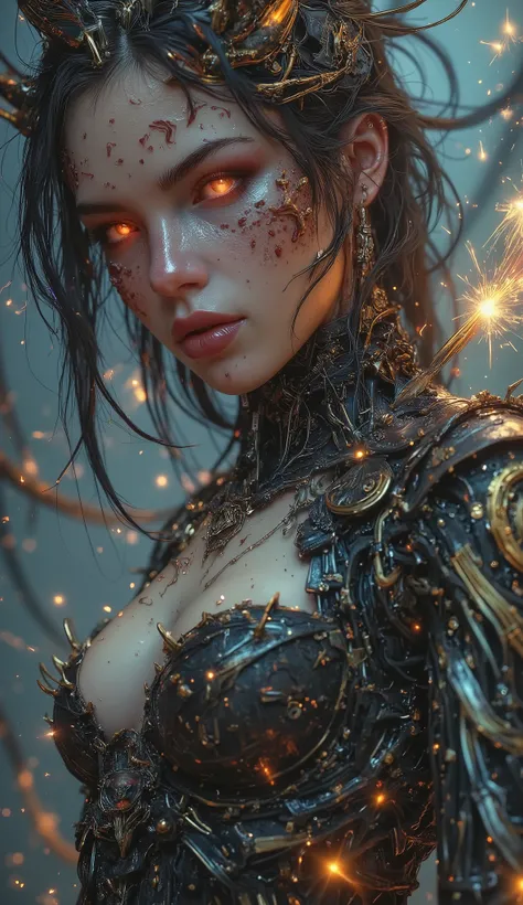 She is the mechanical dream of death and destruction, a cybernetic horror that tugs at the primal instincts of man, a highly detailed and intricate photograph, hyper-realistic, dramatic lighting, sex, death, mechanical background, circuitry, sparks, horror...