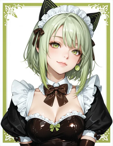Cat Ear Maid,mini maid dress with chocolate mint color scheme, Lime Green Hair, chocolate bow tie,chocolate and lime green border gloves,I'm looking here,tilt your neck slightly and smile