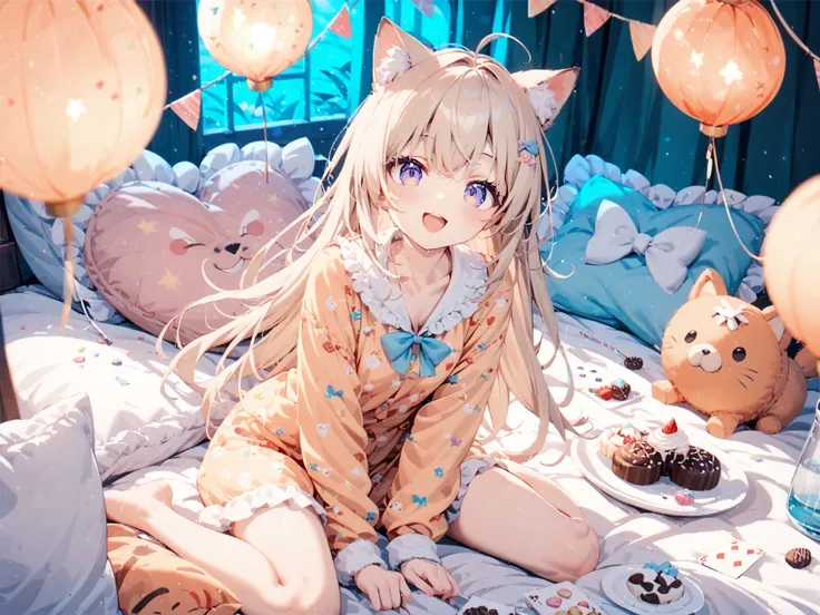 Cute Pajamas, party, ((best quality)), ((masterpiece)), (detailed), perfect face, A group of cheerful girls in colorful pajamas having a slumber party at a friend's house, sitting around a table full of snacks, sweets, and juice. They are playing cards and...