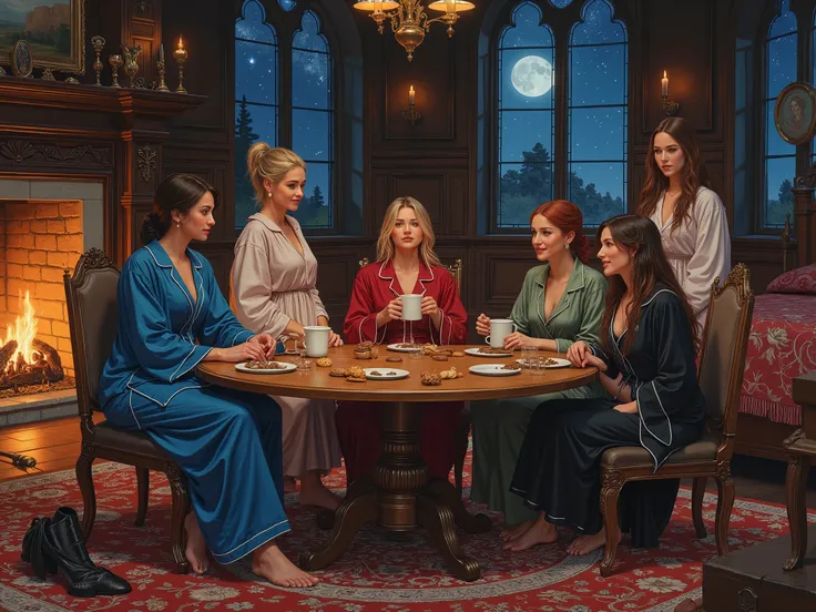 Best quality, masterpiece, 8k, 4k, ultra-detailed, cinematic, HDR, RAW look, macro detail, premium quality, ultra-high resolution, volumetric lighting, ray-traced. Relaxing high-fantasy scene inside a luxurious medieval inn, cozy nighttime atmosphere. Larg...