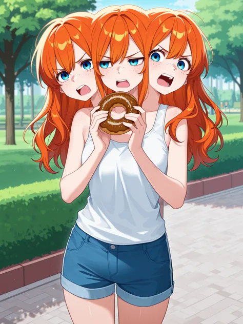 three heads, anime girl with three heads, orange hair, aquamarine eyes, freckles, open mouth, holding a donut up to her mouth, straining against herself, annoyed, white tank top, blue short pants, park