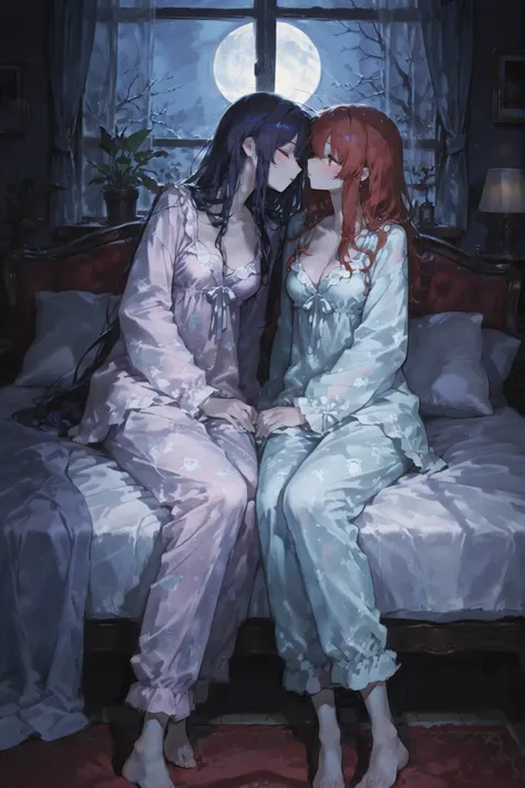 multiple people sticking out、Late night pajama party in bedroom, women in attractive sleepwear, moonlight through window、Dim lighting,sitting on bed or sofa talking、