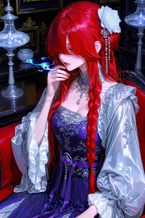 The girl with tanned copper skin. She has purple glowing eyes and dark purple eye shadow. She has a red eyebrows and red eyelashes. She has fiery scarlet red longest hair braided in a loose braid that floats in the air. her red hair over eyes hiding half o...