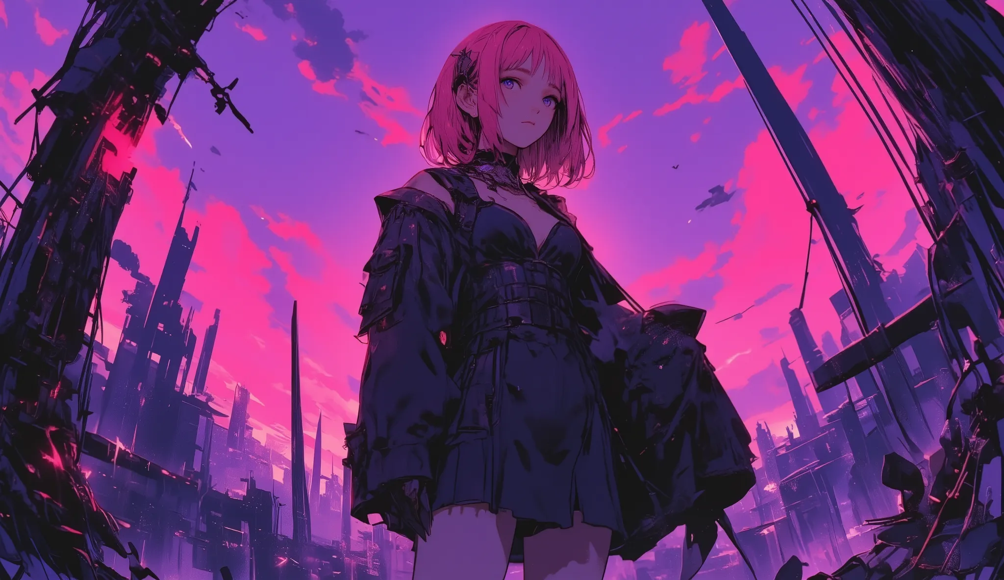 Fisheye Wide Angle , Fisheye Wide Angle 一人のセクシーな少女 , Battle Poses 、Stance、 wearing a sexy dress 、 Put your hand in your pocket 、The expression and outfit are 、Bold Makeup and Accessories. Shadows at your feet、 High Angle and Strong Fisheye Perspec...