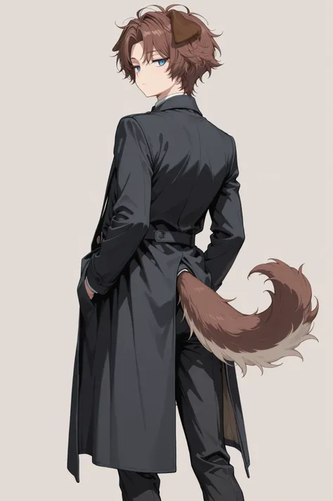 (masterpiece, detailed:1.2),1girl, animal ears, animal tail, bishounen, black coat, black necktie, black pants, black socks, blue eyes, coat, curtained hair, dog ears, dog girl, dog tail, floppy ears, from behind, jitome, looking back, messy hair, necktie,...