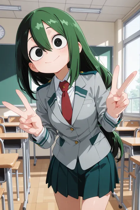 masterpiece, best quality, amazing quality, 1girl, solo,  illutsuyu, long hair, black hair, green hair, low-tied long hair, black eyes, u.a. school uniform, pleated skirt, jacket, red necktie, smile, double v, classroom,