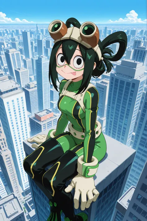 tsuyumha, black eyes, asui tsuyu, green hair, 1girl, hair rings, hair rings,gloves, hair between eyes, green bodysuit, goggles on head, tongue, (best quality:0.8) perfect anime illustration, a pretty, a sweet smile women, sitting on the very high cloud, (c...