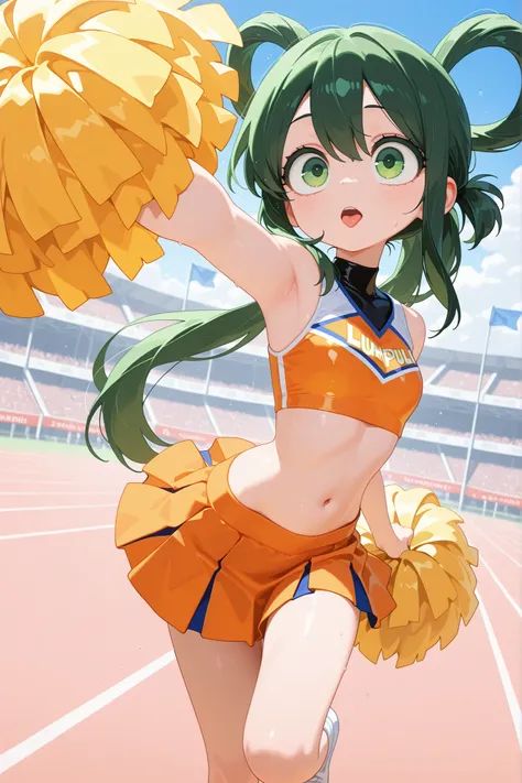 masterpiece, best quality, amazing quality, girl, outstretched arm,  long hair, green eyes, low tied hair, hair rings, green eyes, large eyes, orange cheerleaders outfit, navel, yellow pompoms, orange skirt, clsuit3, tongue, sports festival, solo,